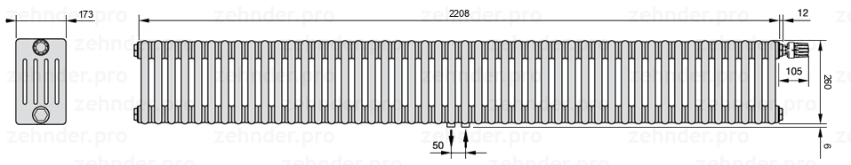 Схема (чертеж) Радиатор Zehnder Charleston 5026/48 №V008 Белый глянцевый RAL 9016